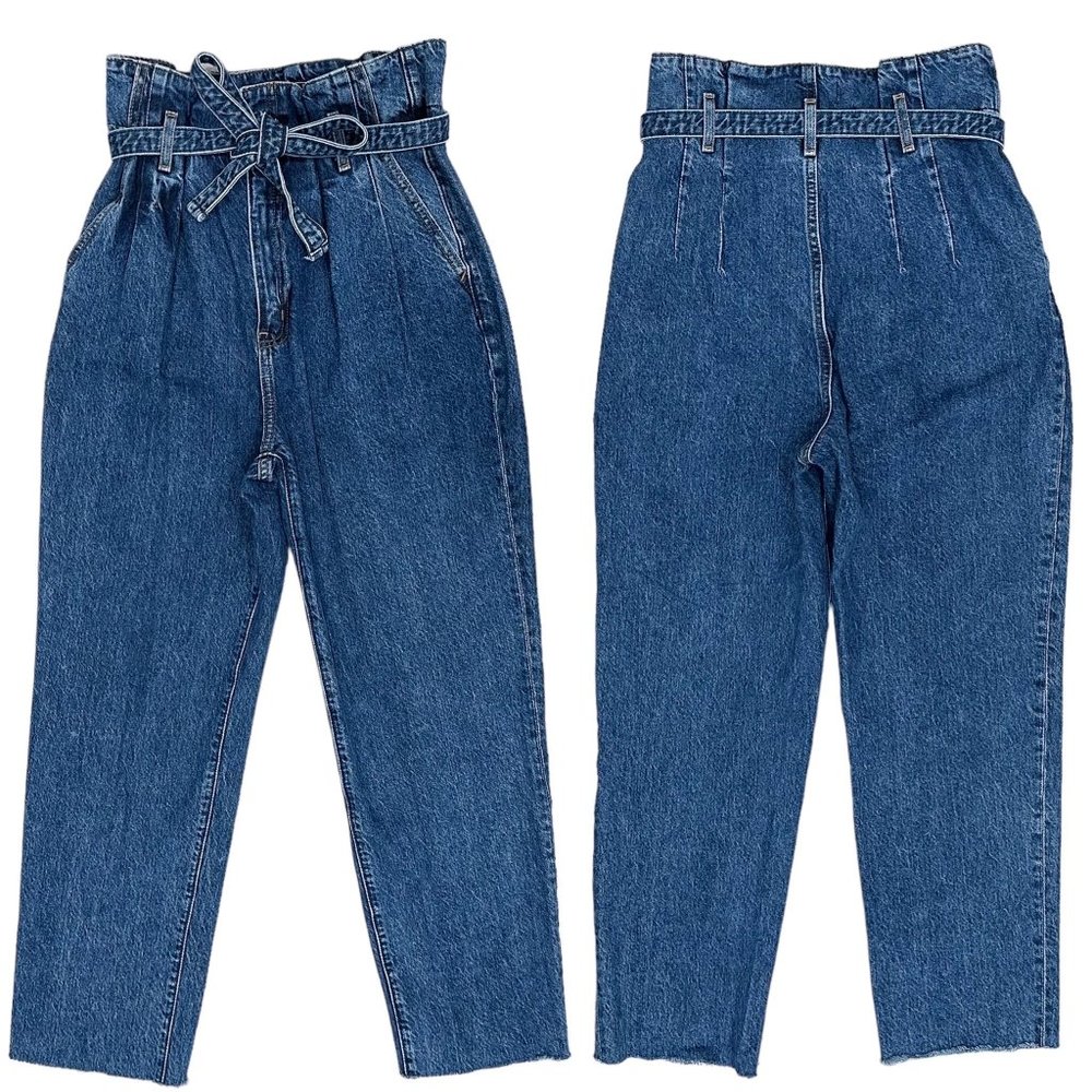 Abercrombie & Fitch Mom Jean Ultra High-Rise Med/Dark Wash Paper Bag Waist Tie